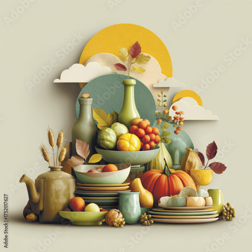 Cozy paper-cut still life composition with autumn fruits, vegetables, and tableware, symbolizing abundance, gratitude, and seasonal harvest.. Vector illustration