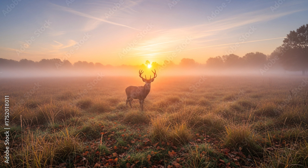 Fototapeta premium Majestic Stag at Dawn: A lone stag stands proudly in a foggy meadow, its antlers silhouetted by the rising sun, creating a breathtaking scene of wilderness at daybreak.