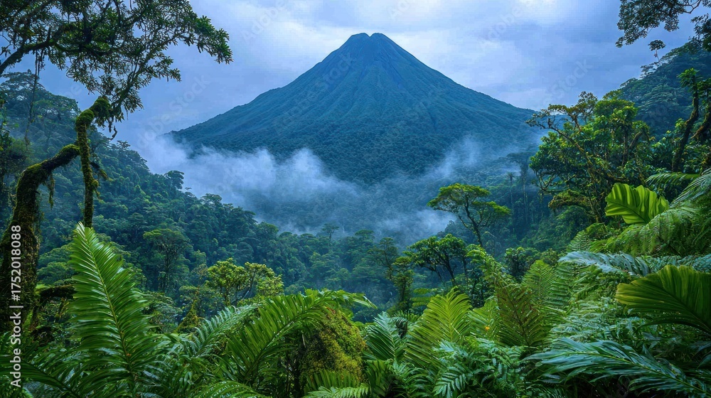 Fototapeta premium Lush, green mountain rises above a dense jungle under cloudy skies