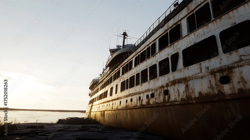 Naklejka premium Decaying grandeur: A weathered ship rests ashore, its rusted hull whispering tales of past voyages under a serene sky. Evokes a sense of history.