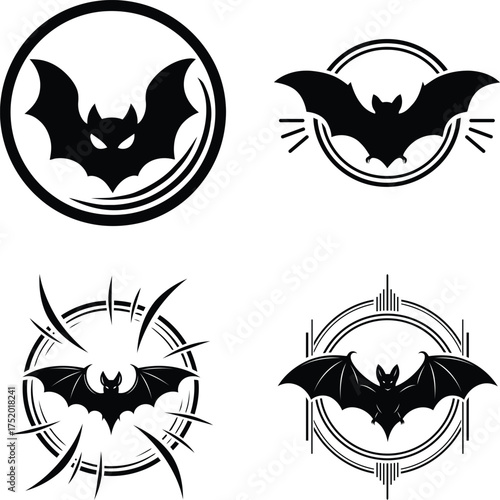 bat logo icon set in circle design – black gothic vampire emblem vector illustration