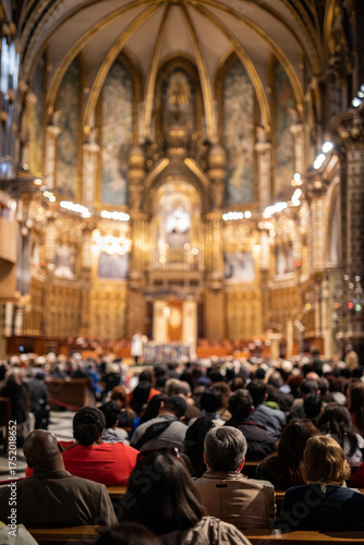 Experience the grandeur of a cathedral filled with people attending a service, perfect for travel blogs, religious publications, and historical documentaries needing authentic imagery