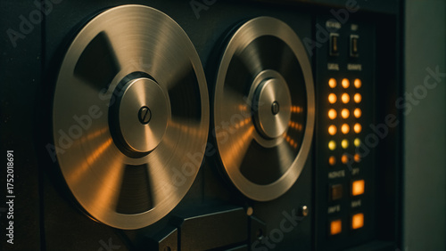 An evocative close-up of an antiquated tape recorder. The reels spin, evoking nostalgia and the rich history of sound recording.