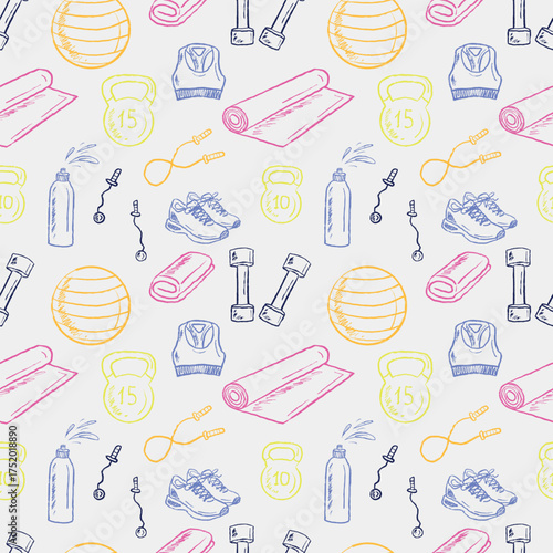 Hand drawn fitness gear seamless pattern. Exercise ball, shoes, sportswear, yoga mats, dumbbells, foam roller, jump rope, water bottle. Vector sketch illustration in vintage crayon charcoal