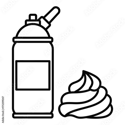Whimsical whipped cream dispenser and swirl of cream simple outline drawing for desserts and baking