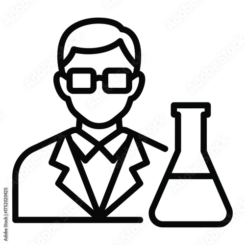 Scientific research icon person with eyeglasses and flask symbolizing chemistry experimentation and innovation in science discoveries