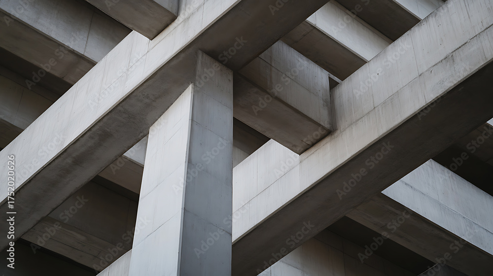 Fototapeta premium Architectural Concrete Structure. Modern design and geometric interplay of concrete beams and columns creating dynamic patterns and visual depth.