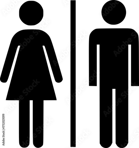 Bathroom sign silhouette. This image displays a standard restroom symbol with black figures for female and male, separated by a line, indicating public toilets. Vector clipart illustration design