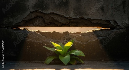 Hope concept with plant growing through crack in wall with light shining