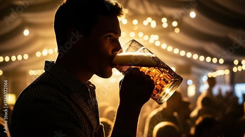 Man Enjoying a Beer at Oktoberfest Celebration.
