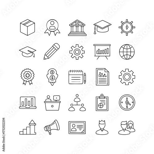 Set of hand drawn business and education icons representing success growth and learning