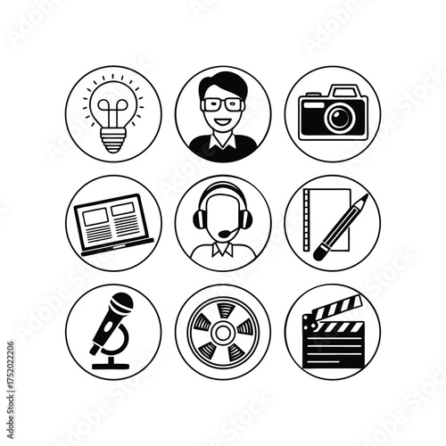 Collection of diverse business and creative icons including lightbulb camera laptop microphone and more