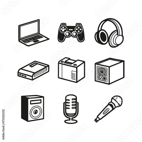 Modern tech gadgets icons set laptop game controller headphones audio equipment icons
