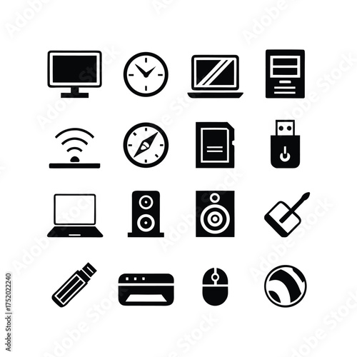 Collection of 16 technology and office icons computer laptop usb flash drive mouse speaker and clock icons