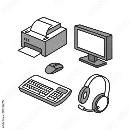 Isometric computer peripherals set including printer monitor keyboard mouse and headphones