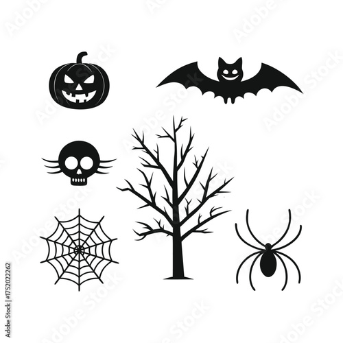 Spooky halloween icons collection black silhouettes for holiday design and decoration