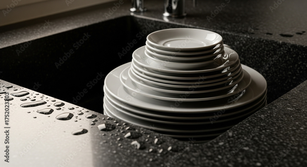 Obraz premium Clean plates stacked in a modern, dark granite kitchen sink. A perfectly neat, tall stack of clean, light-colored plates sits inside a luxurious, dark granite or quartz composite kitchen sink 