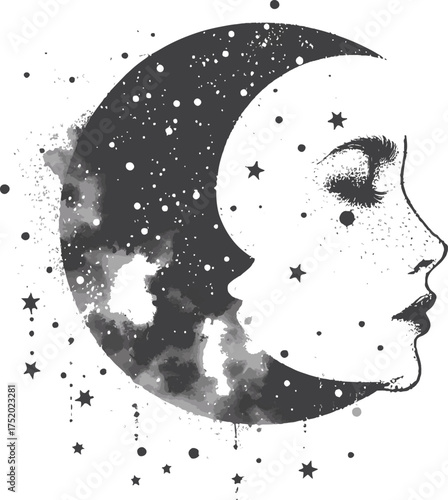  A monochrome artistic composition featuring a woman's profile integrated into a crescent moon, surrounded by stars and splatter texture. Evokes dreams, night.