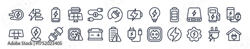 Charging and Electricity Web Icon Set. Power, Energy, Battery, Plug, Socket, Charging Station, Electric Vehicle, Solar Panel, and More.