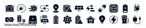 Charging and Electricity Web Icon Set. Power, Energy, Battery, Plug, Socket, Charging Station, Electric Vehicle, Solar Panel, and More.