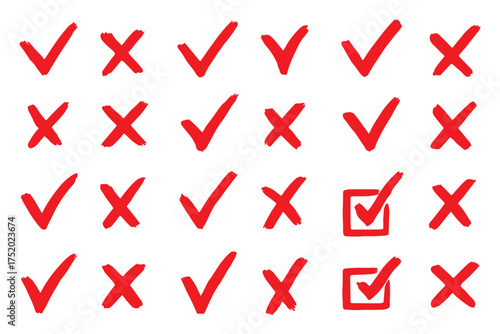 Check tick mark icon set. Cross box x check mark checkbox v list vector draw hand drawn sketch doodle brush marker checklist symbol wrong right circle. Vector Illustration