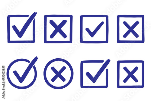 Check tick mark icon set. Cross box x check mark checkbox v list vector draw hand drawn sketch doodle brush marker checklist symbol wrong right circle. Vector Illustration