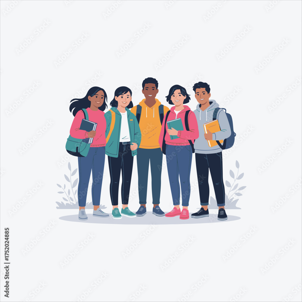Obraz premium Group of Students Vector Illustration with Books and Backpacks,College Students Standing Together Flat Design Vector,Young People Education Concept Vector Illustration,Diverse Teenagers.