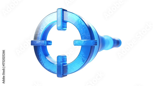 Modern abstract blue glass telescope lens symbol representing focus precision and vision for technology and innovation concepts