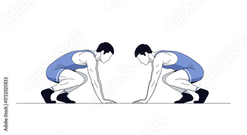 Vector illustration of two wrestler figures in a starting stance, facing each other before a match. Simple flat design for sports and competition concepts