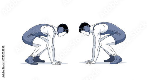 Dynamic illustration of two male wrestlers in a classic ready stance, poised for competition, perfect for sports graphic design and promotional materials