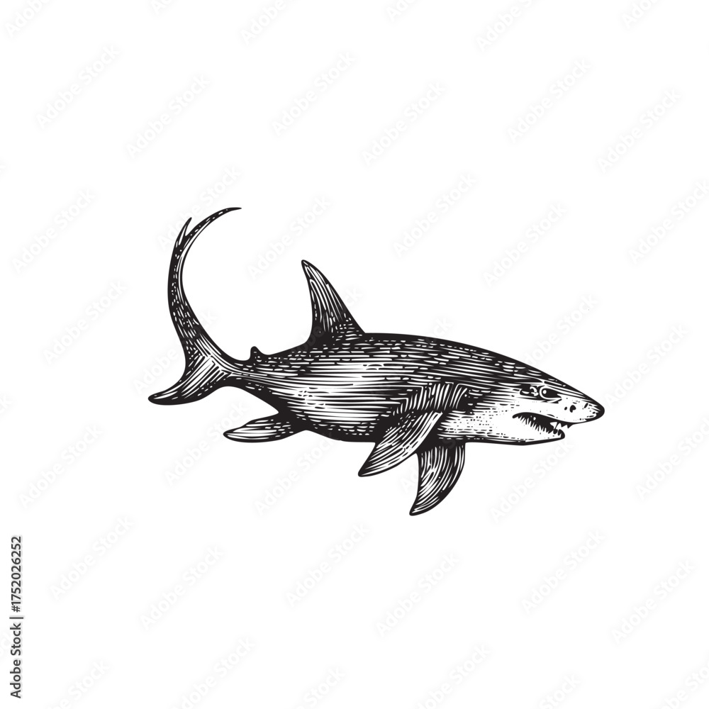 Fototapeta premium Vintage Engraved Shark Illustration – Antique Black and White Ocean Predator Drawing 