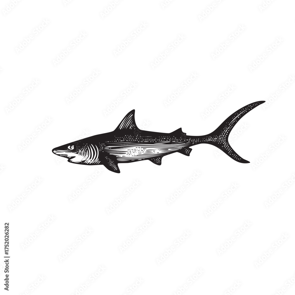 Fototapeta premium Vintage Engraved Shark Illustration – Antique Black and White Ocean Predator Drawing 
