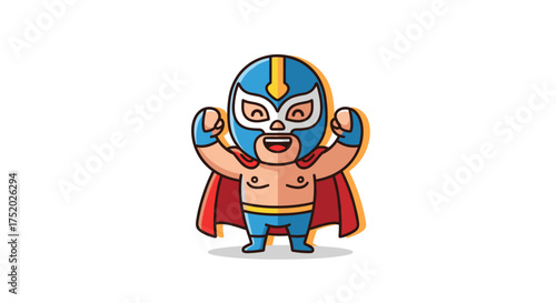 Energetic Cartoon Lucha Libre Wrestler Character with Blue Mask and Red Cape Flexing Muscles, Radiating Joy and Victory, Perfect for Sporty Graphics and Fun Designs