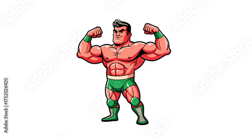 Dynamic illustration of a powerful professional wrestler showcasing immense strength and muscular physique, ready for a captivating championship match in the ring
