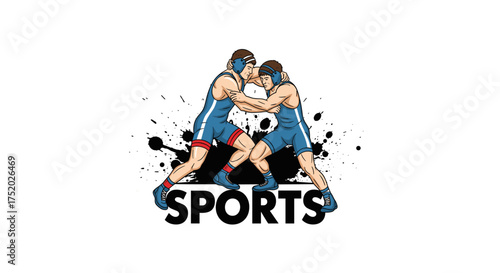 Wrestling Competition Two Wrestlers Engaging in a Dynamic Match with Sports Text