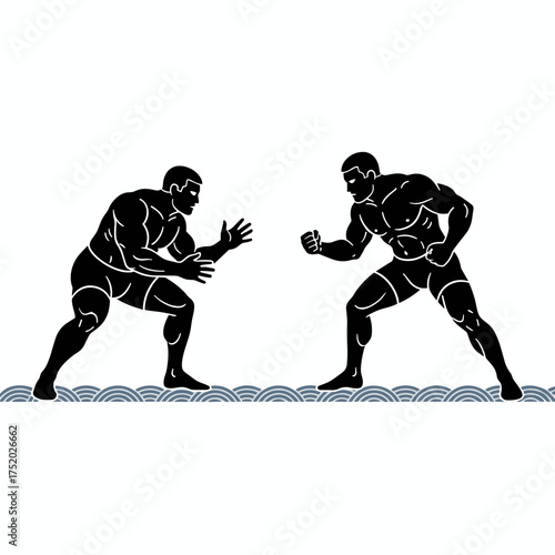 Silhouettes of two wrestlers facing each other in a confrontational stance, ready for a match on a wavy ground