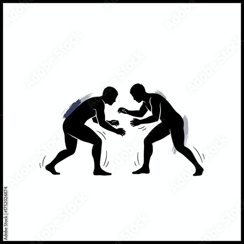 An impactful vector illustration depicting two male wrestler figures in ready stances, symbolizing strength, competition, and the intense spirit of grappling sports, poised for a challenging match