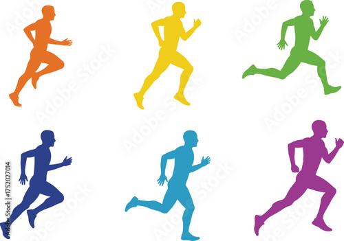Colorful silhouettes of runners in motion, stylized athletic poses, vibrant sports illustration, dynamic movement sequence, physical activity concept, fitness theme