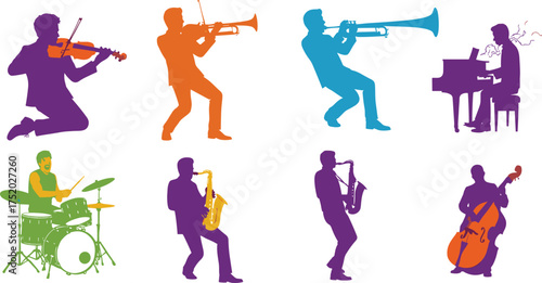 Colorful silhouettes of musicians playing violin, trumpet, trombone, piano, drums, saxophone, double bass, vibrant ensemble performance, artistic rhythm concept