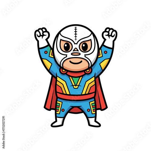 Vibrant and powerful cartoon wrestler in a traditional mask and cape, showcasing a dynamic, triumphant pose, perfect for sports and entertainment themes and character design