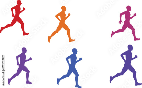 Colorful silhouettes of running person in motion, stylized athletic poses, vibrant sports illustration, dynamic movement concept, physical education theme