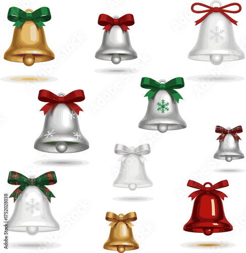 Create a kinds of deferent 3d render of a minimal bells with bow for Christmas decorations vector art with white background.