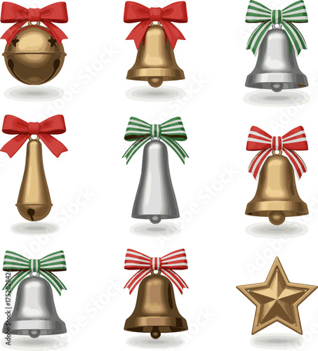 Create a kinds of deferent 3d render of a minimal bells with bow for Christmas decorations vector art with white background..