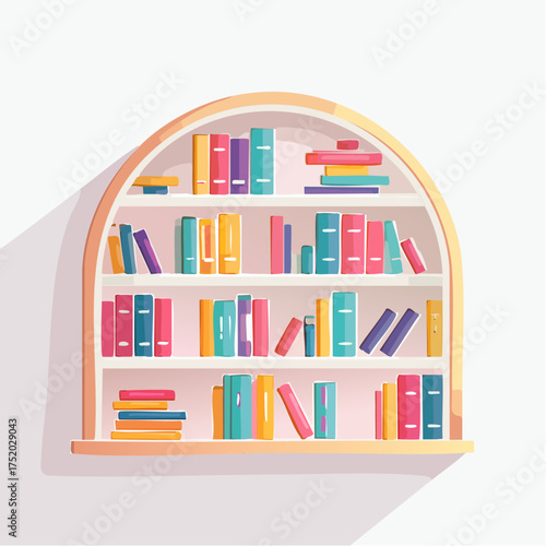 Arch Shaped Bookshelf Filled with Colorful Books on White Background for Reading Illustration
