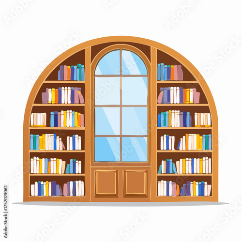 Archway Bookshelf with Central Window and Open Shelves Filled with Colorful Books in Well Lit Room