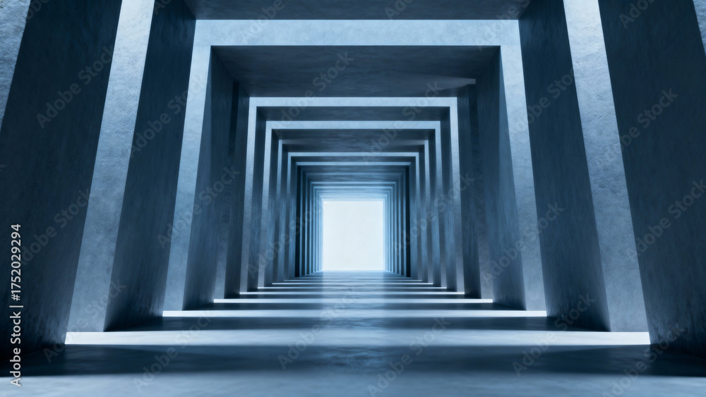 Fototapeta premium An abstract image of a tunnel with multiple rectangular frames leading to a bright light, showcasing geometric patterns and perspective.