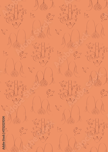 Hand-drawn doodles with stylized fruits and leaves form a vector seamless pattern for textiles, websites, postcards.