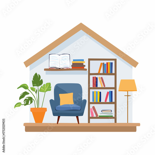 Cozy Room Interior with Blue Armchair Bookshelf and Potted Plant Illustration on White Background