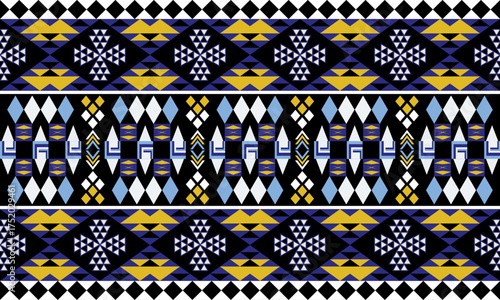 Modern tribal geometric pattern with blue, yellow, white, and black diamond shapes, perfect for fabric, textile, rug, wallpaper, and ethnic-inspired digital or print designs.