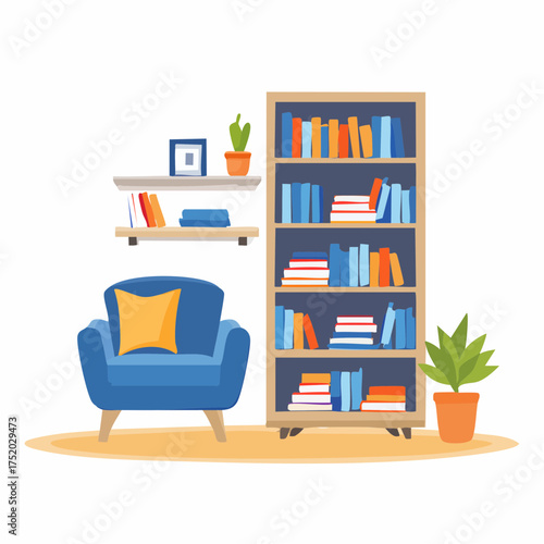 Cozy Living Room Interior with Bookshelf Armchair and Plants in Flat Design